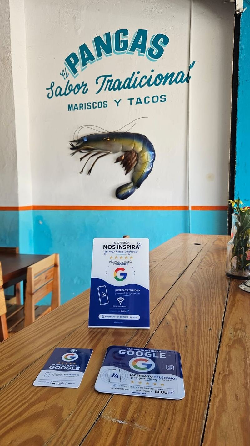 Kit Bluum instalado en El Pangas, mariscos y tacos, Mazatlán