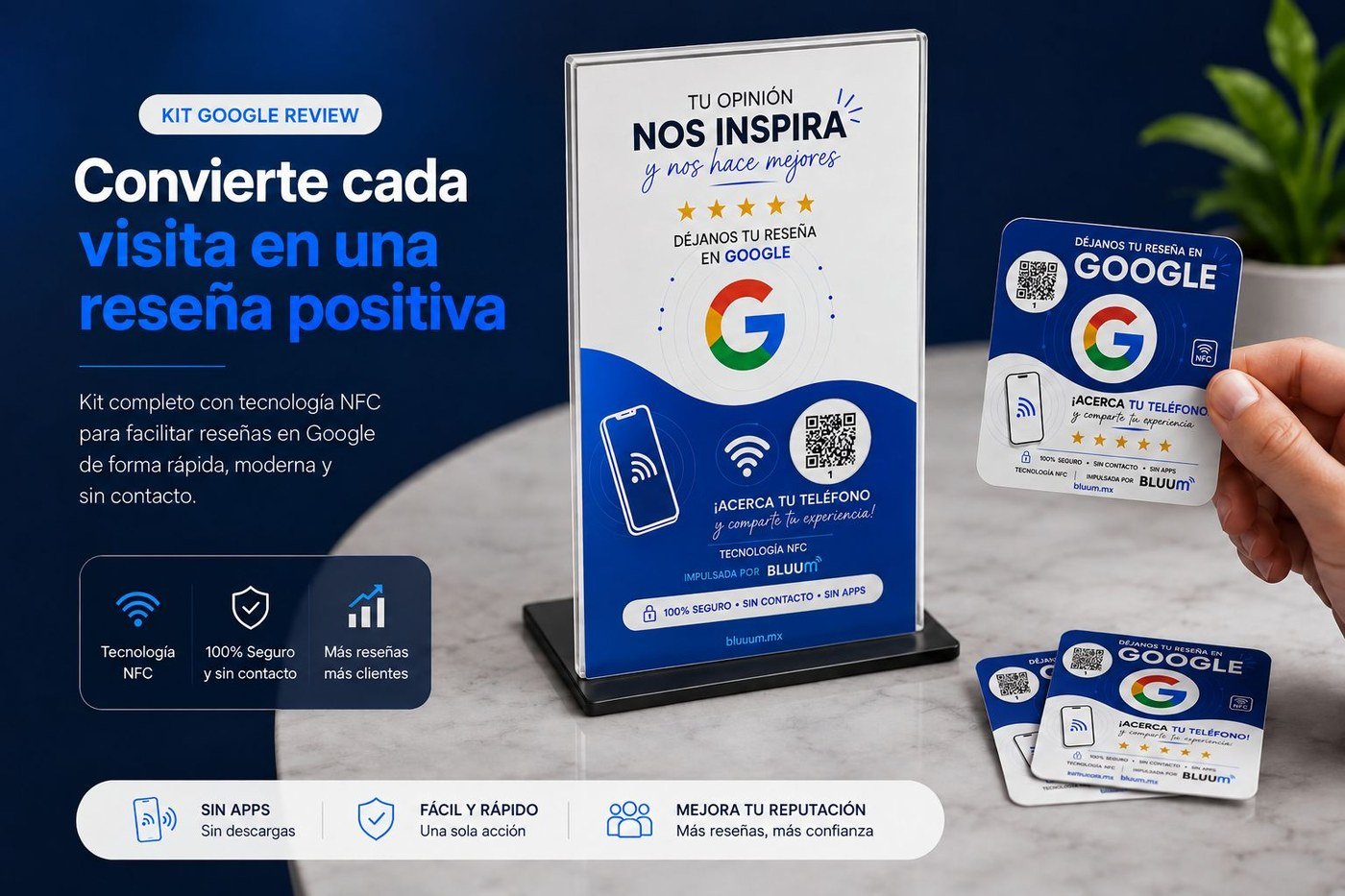 Kit Bluum Pro: base acrílica, tarjeta y sticker NFC sobre una mesa